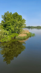 Obraz premium Nature and empty beach on the river. Preparing for the summer season. Reflection of trees in the water.