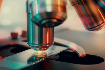 Toned photo of a backlit microscope lens in a science laboratory