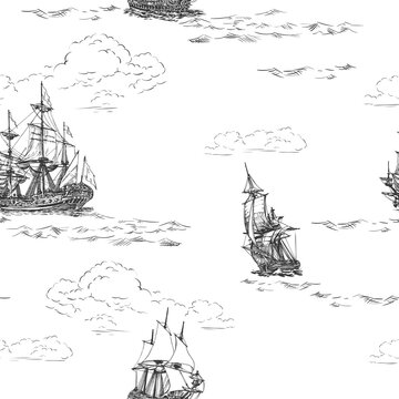 Sailing frigate, seamless pattern hand drawing. Sea or ocean transport, marine pirates theme. Vector