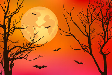 Creepy night background. Full moon and bats. Vector illustration.