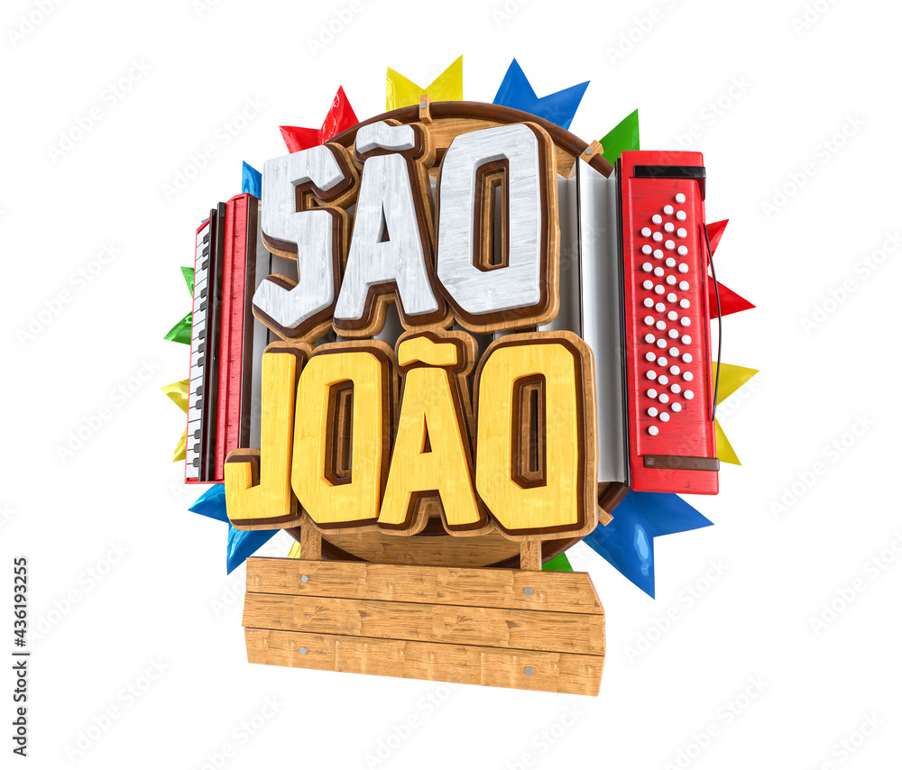 Wall mural label for brazilian june party. name sao joao with accordion and wooden background with flags. label