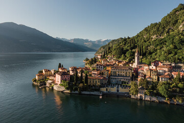 Varenna village on lake Como aerial view at sunset.