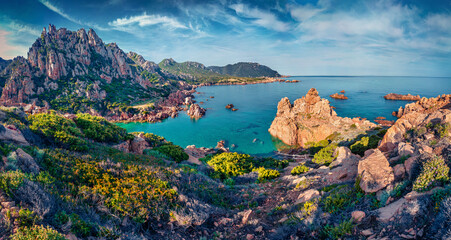 Gorgeous marine scenery. Dramatic morning view of Li Cossi beach. Exotic summer scene of Costa...