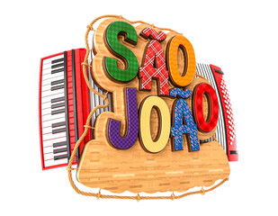 Label for Brazilian June party. Name Sao Joao with accordion and wooden background with flags. Label isolated on white background. 3D illustration.