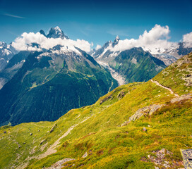 Adorable summer view of snowy mountain peaks in French Alps, Chamonix location. Beautiful morning...