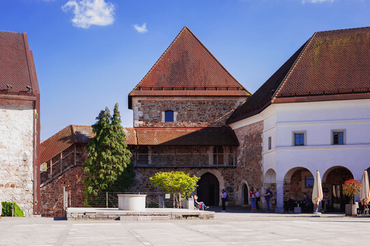 cozy sunlit courtyard of the medieval castle of Ljubljana of XII centure
