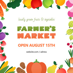 Farmer's market banner template. Colorful frame made of vegetables and fruits drawn in a flat style. Vector 10 EPS.