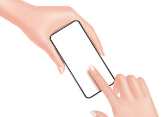 Obraz na płótnie Canvas The hand is holding the smartphone and is touching the screen that is blank and all object on white background,vector 3d isolated for presentation design
