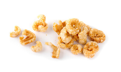 Pork snack or Pork scratching leather lean pork fried crispy and blistered isoloated on white background.
