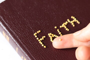 Closeup of finger holding mustard seed faith. Holy Bible concept of trust in God and Jesus Christ. Faithful Christians live in hope. The gospel of Matthew 17:20. Parables of Jesus Christ.