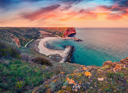 Sunrise on Bolata beach. Colorful spring seascape of Black sea. Astonishing morning scene of Bulgaria, Europe. Beauty of nature concept background.