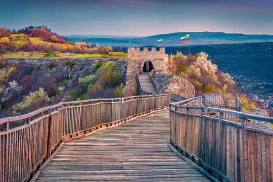 Wonderful evening view of Ovech Fortress. Spring cityscape of Provadia town, located in a deep karst gorge along the Provadiya River, Bulgaria, Europe.