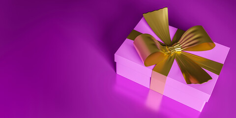 Pink gift box with gold ribbon on a pink background. 3d illustration. Place for text