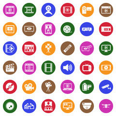 Video Icons. White Flat Design In Circle. Vector Illustration.