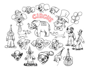 Circus, set of funny clowns.