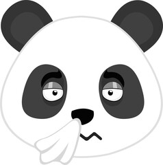 Vector emoticon illustration of the face of a cartoon bear panda with a tissue on his nose and an expression of flu