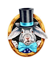 A white rabbit in a black hat and bow tie peeks out of a gold frame. Pencil illustration. - 436196276
