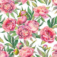 Seamless pattern with watercolor peony flowers. Illustration on white background.
