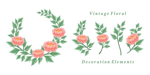 Floral wreath arrangement and flower bouquet element collection for background, greeting card, decoration, wedding invitation, spring garden event, feminine or beauty brands
