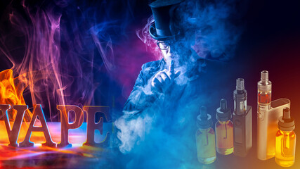 Vaping. The concept of Smoking electronic cigarettes in a dark color with smoke. Vapes and liquids...
