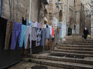 Du linge qui sèche dans la vieille ville de Jérusalem, Palestine, Israel