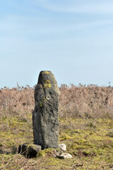 pennine landscape with large ancient standing stone on midgley moor in west yorkshire
