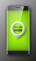 Smartphone, mobile phone isolated with pointers to determine your location, realistic illustration.