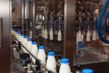 filling milk in to plastic bottles at the factory. equipment at the dairy plant