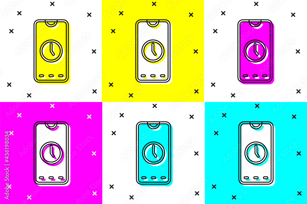 Poster set alarm clock app smartphone interface icon isolated on color background. vector