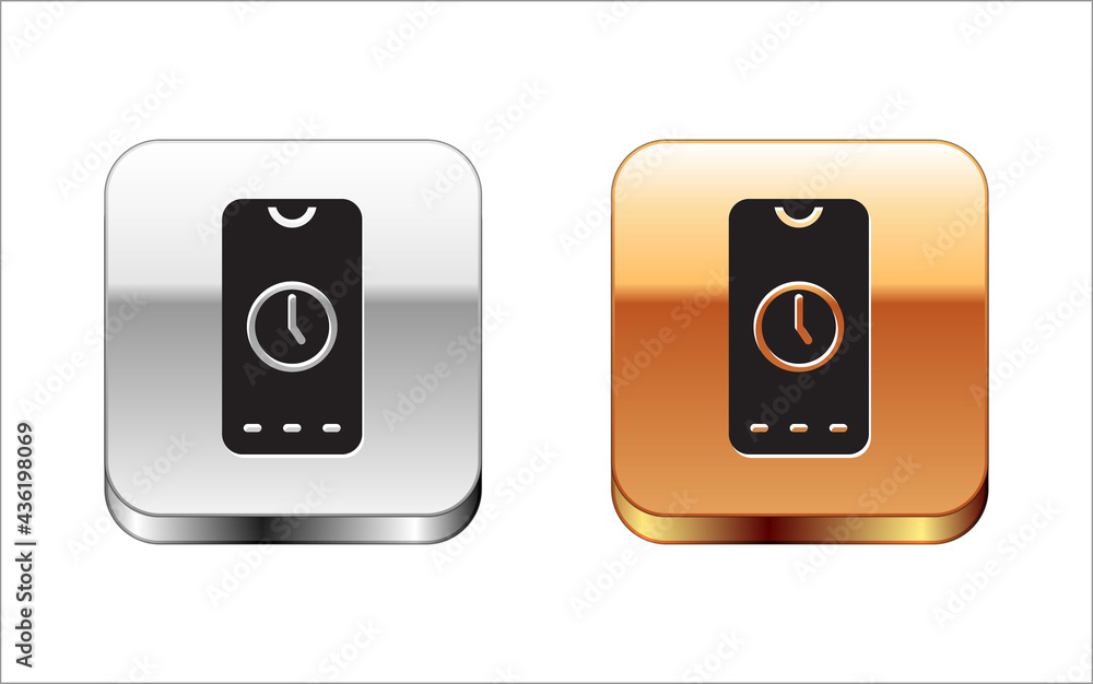 Poster black alarm clock app smartphone interface icon isolated on white background. silver-gold square but