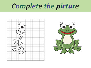 Complete the picture of a funny frog. Copy the picture. Coloring book. Educational game for children. Cartoon vector illustration.