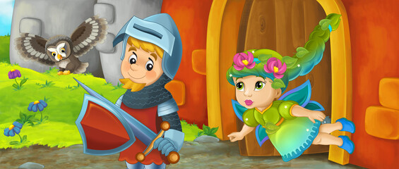 Cartoon king knight fairy queen near castle illustration