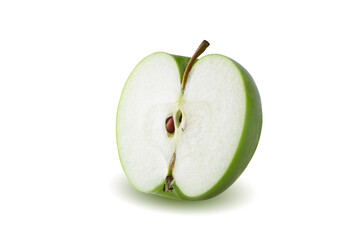 Green apple with green leaf and cut slice with seed isolated on white background.