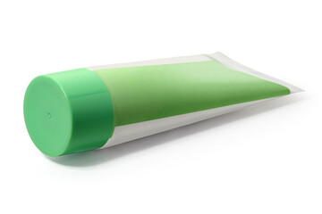 White with green tube of ointment on a white background. View from above. Full depth of field. With clipping path