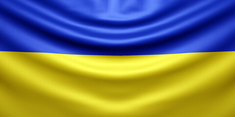 Hanging wavy national flag of Ukraine with texture. 3d render.
