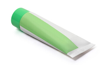 White with green tube of ointment on a white background. View from above. Full depth of field. With clipping path