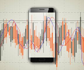 Business chart, phone uptrend line graph, bar chart, stock numbers in bull market, arrow up-down. Evaluation investment risks phone. financial markets smartphone background, trading telephone pattern