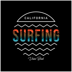 Vector illustration on the theme of surf and surfing in California, Venice beach. Typography, t-shirt graphics, print, poster, banner, flyer, postcard