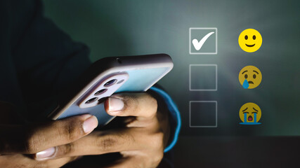 Customer Experience Concept, Best Excellent Services Rating for Satisfaction present by Hand of Client pressing Five Star