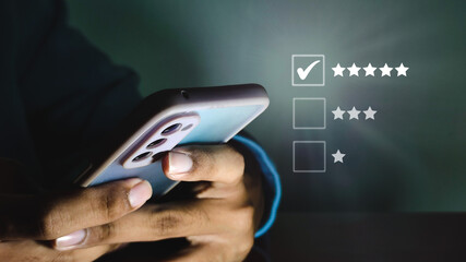 Customer Experience Concept, Best Excellent Services Rating for Satisfaction present by Hand of Client pressing Five Star