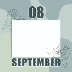september 08. 08-th day of the month, calendar date.A clean white sheet on an abstract gray-green background with an outline of iris flowers. Copy space, autumn month, day of the year concept