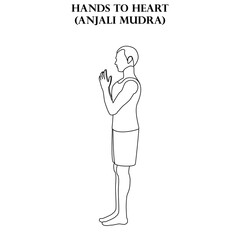 Hands to heart pose yoga workout. Anjali Mudra. Man doing yoga illustration outline