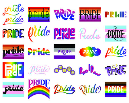 26 lettering spellings of the word pride for Pride Month. Vector illustration