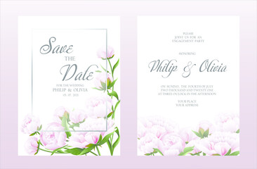 Beautiful peonies wedding invitation card template. Vector illustration.