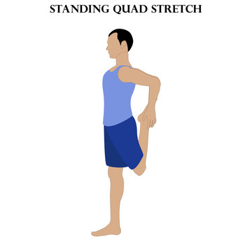 Standing quad stretch yoga workout. Man doing yoga illustration