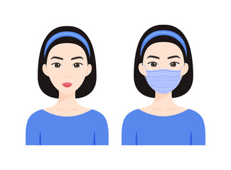 Obraz premium Beautiful and cute Asian woman with a medical mask on her face. A girl without a mask. Flat color cartoon fashion style. Avatar. White background. Vector illustration.