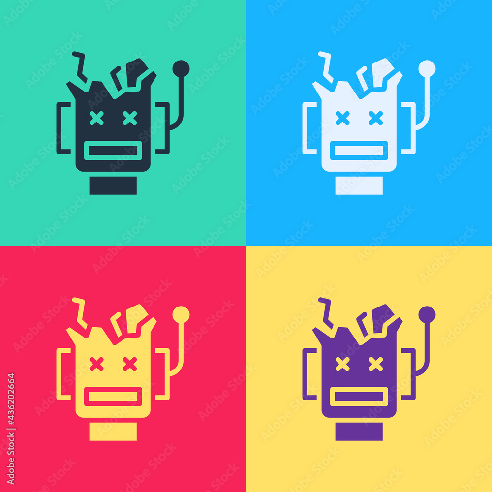 Poster pop art broken robot icon isolated on color background. artificial intelligence, machine learning, c