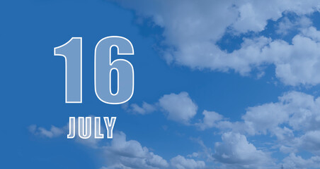 july 16. 16-th day of the month, calendar date.White numbers against a blue sky with clouds. Copy space, Summer month, day of the year concept
