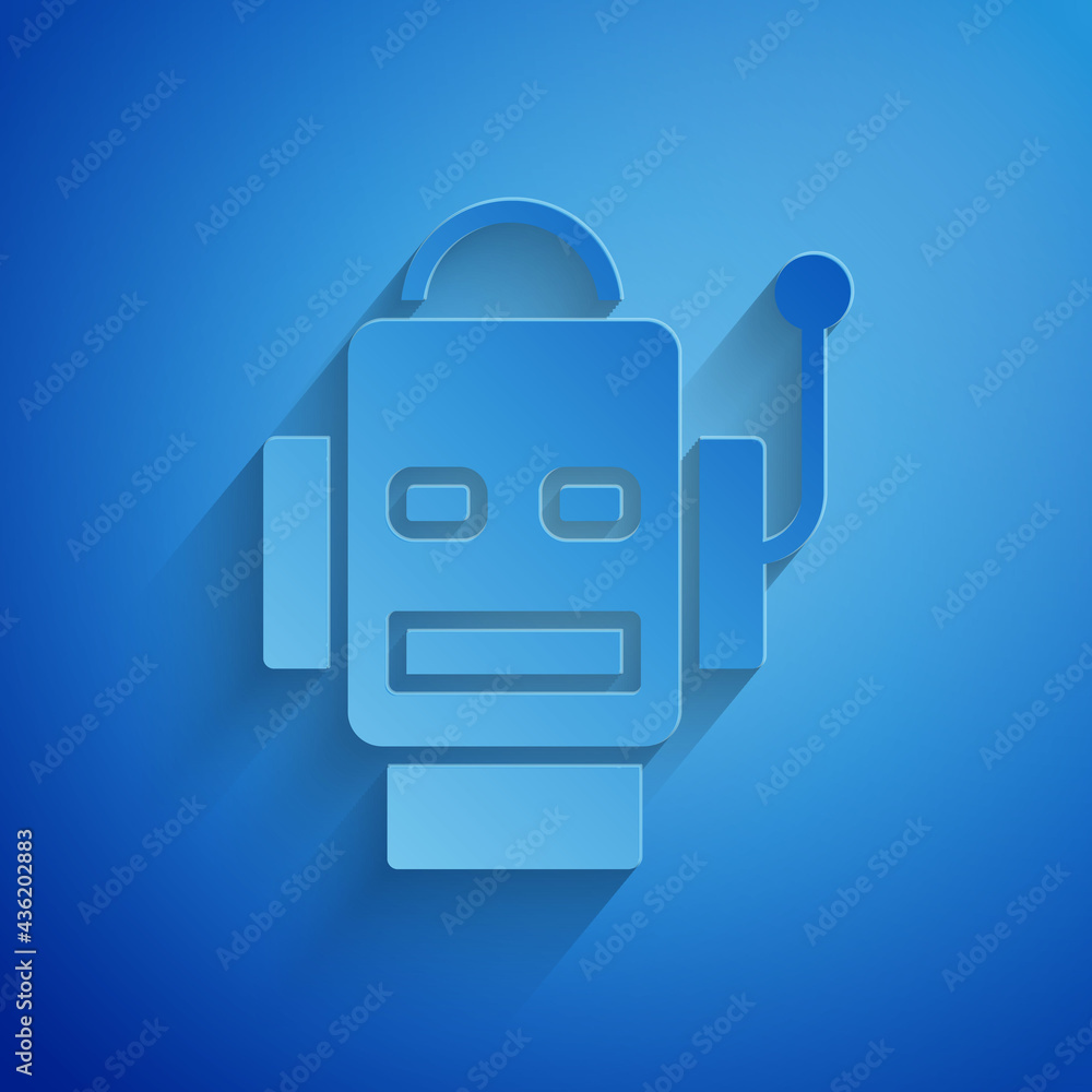 Poster paper cut robot icon isolated on blue background. artificial intelligence, machine learning, cloud c