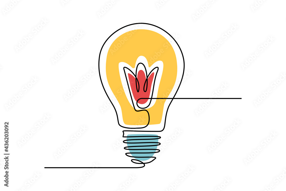 Aufkleber Light bulb in One continuous line drawing. Lamp in lineart style. Editable stroke. Concept of creative idea for business logo, emblem, web banner. Colorful doodle vector illustration